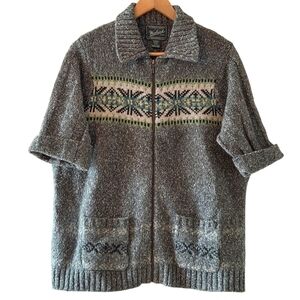 Woolrich Vintage Wool Blend Full Zip Cardigan Spruce Nordic Elbow Sleeve Large